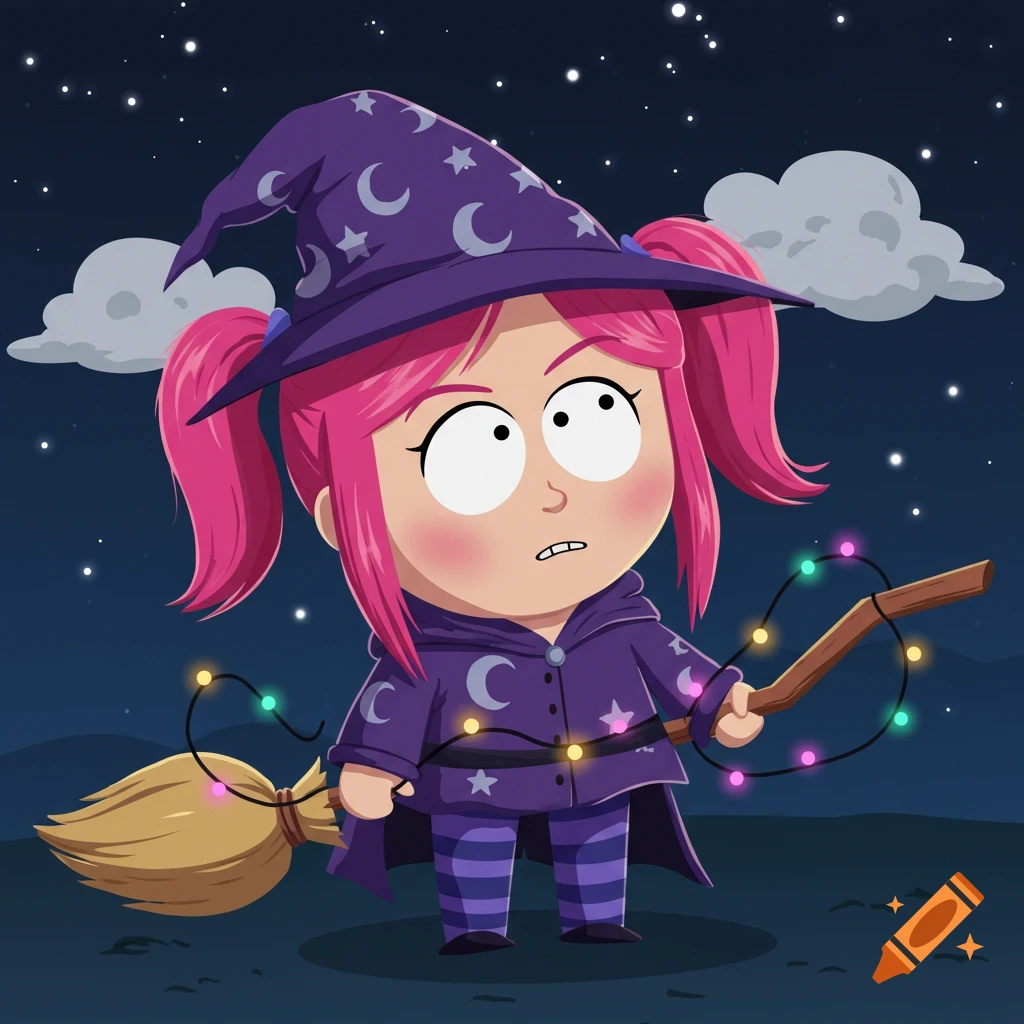 Cartoon girl with pink pigtails dressed as a witch, holding a broom with colorful lights, under a starry night sky.