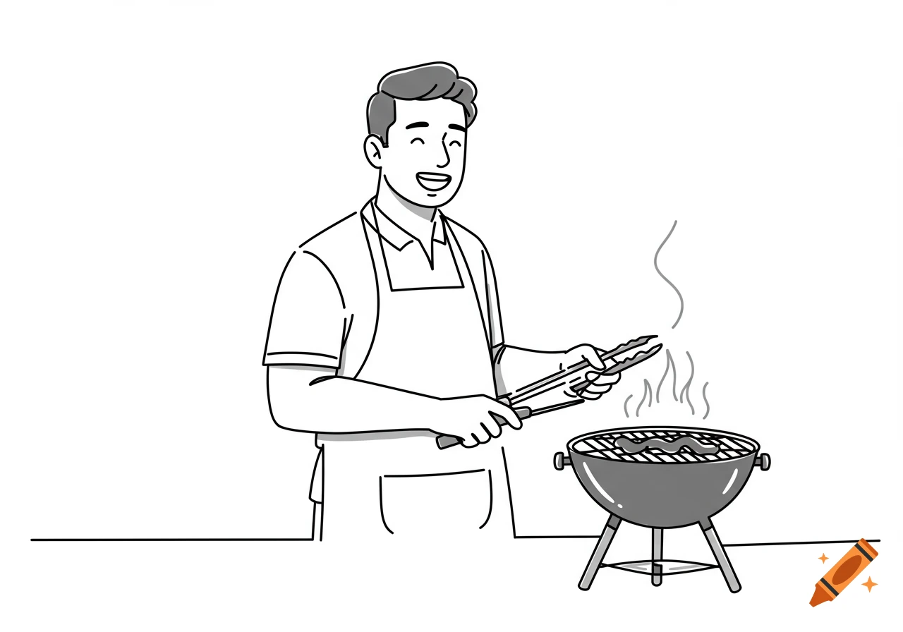 A happy man in an apron grilling on a BBQ with tongs, depicted in basic line art.