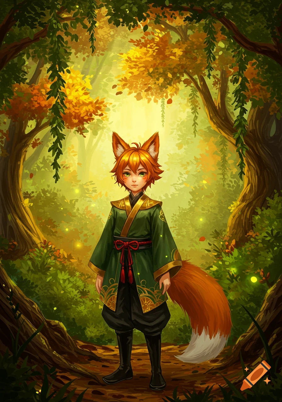 Vibrantly illustrated kitsune boy with orange hair and tail standing in an enchanted forest.