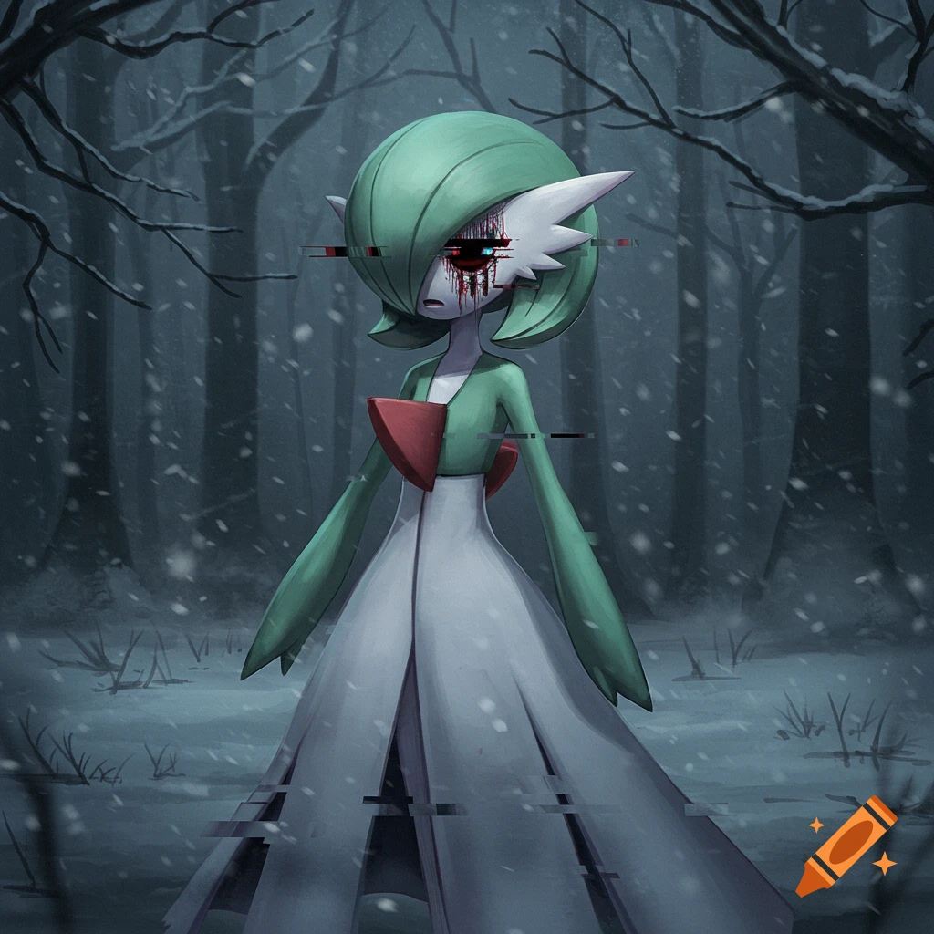 Stylized illustration of a glitchy, horror-themed Gardevoir with blood dripping from its eyes, standing in a snowy, dark forest.