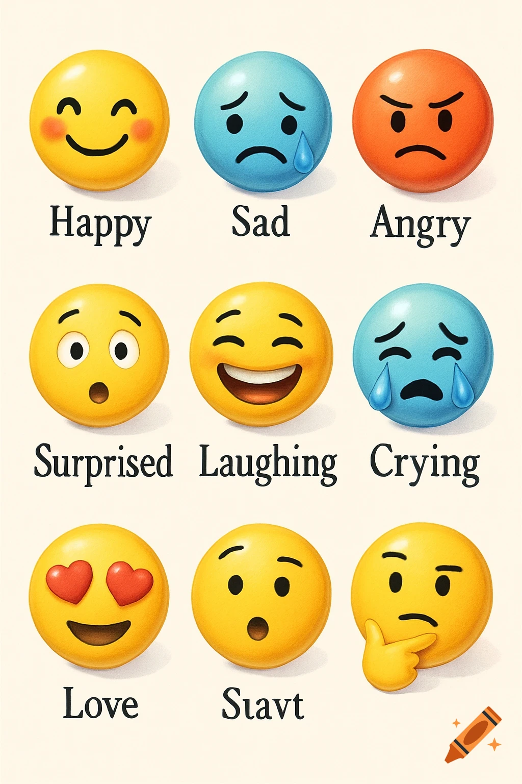 A grid of nine 3D emojis illustrating emotions such as happy, sad, angry, surprised, laughing, crying, love, and a confused emoji.
