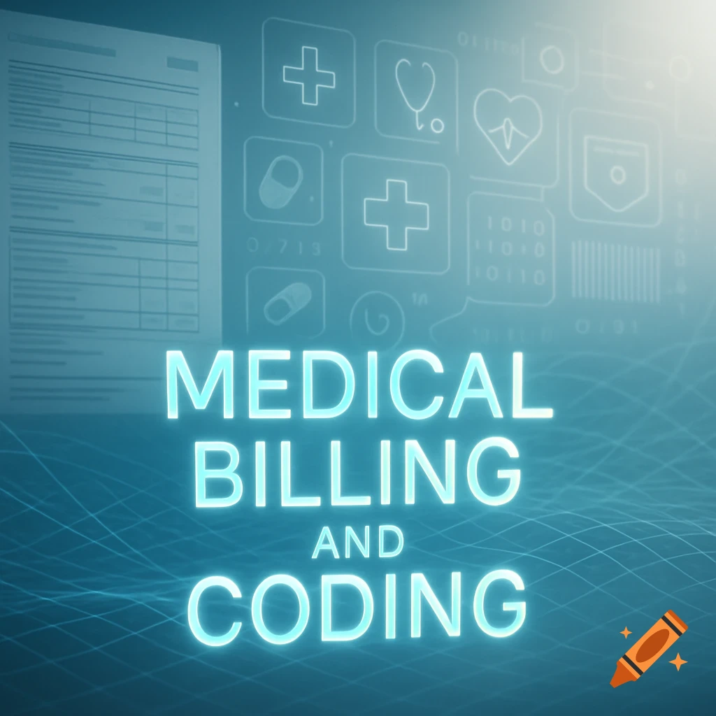 Digital banner with glowing 'MEDICAL BILLING AND CODING' text and abstract medical icons on a blue background.