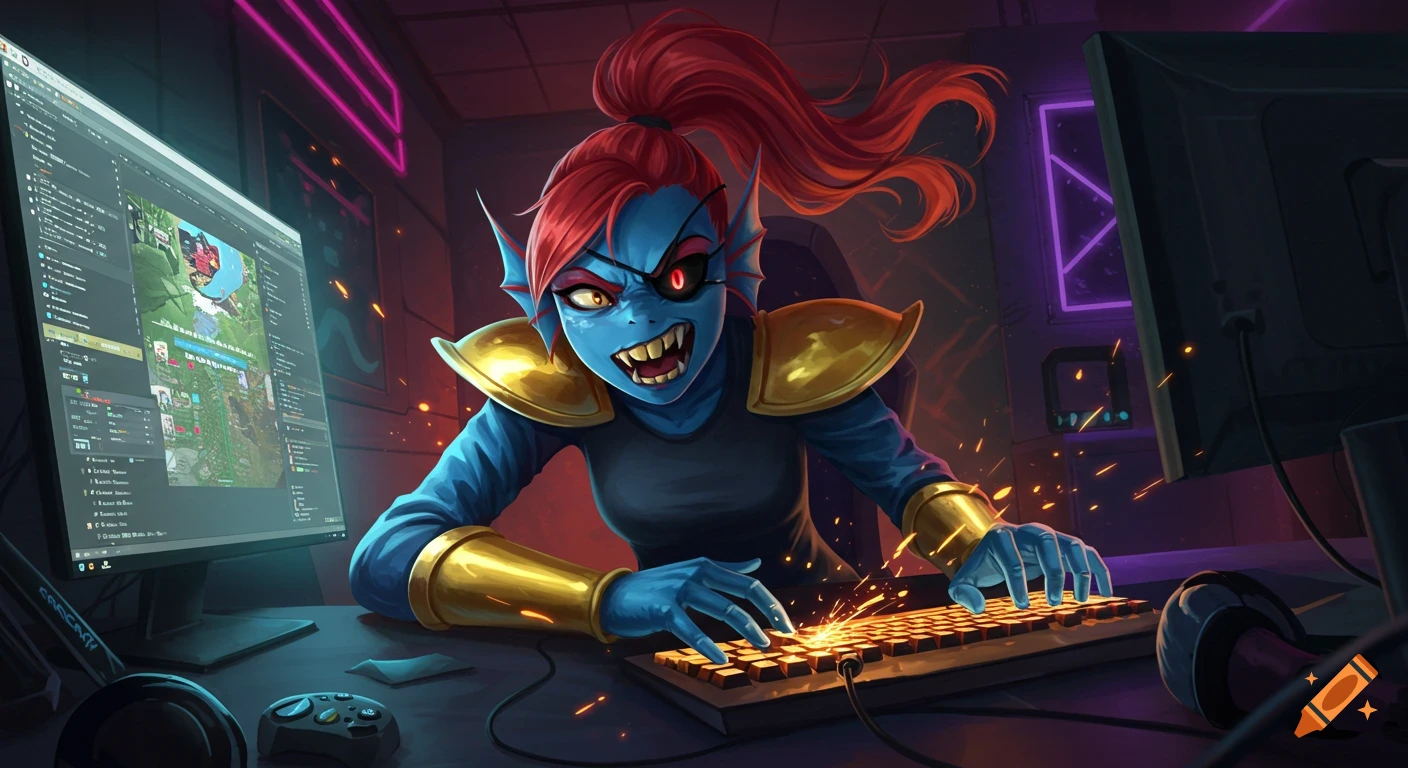 Undyne from Undertale with blue skin and red hair, intensely playing a PC game, sparks flying from her keyboard in a dimly lit, futuristic room.