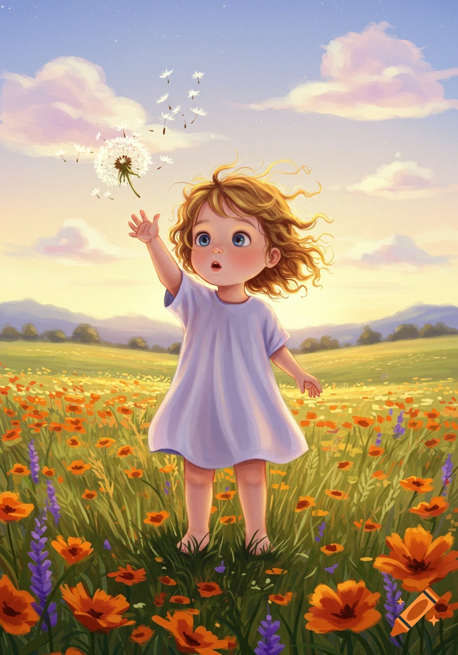 A cute illustrated child with curly hair reaches for a dandelion in a vibrant field of orange and purple flowers under a sunny sky.