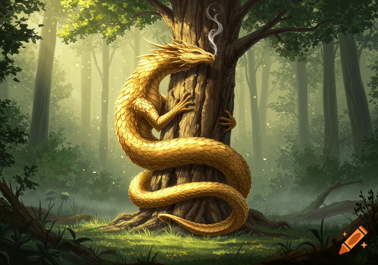 A golden dragon with scales wrapped around the trunk of a large tree in a misty, sunlit forest.
