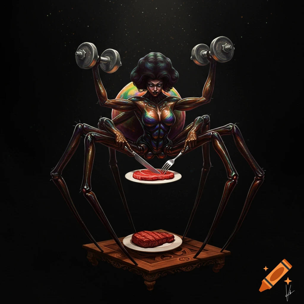A dark art illustration of a muscular spider-human creature lifting dumbbells and eating steak.