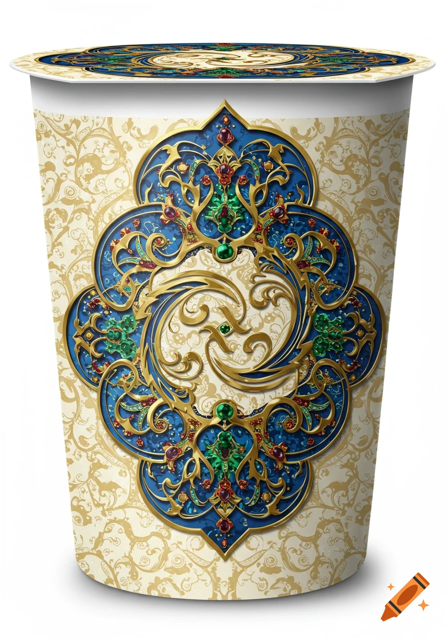 White yogurt container with an intricate, jewel-encrusted gold and blue ornamental design on a light patterned background.