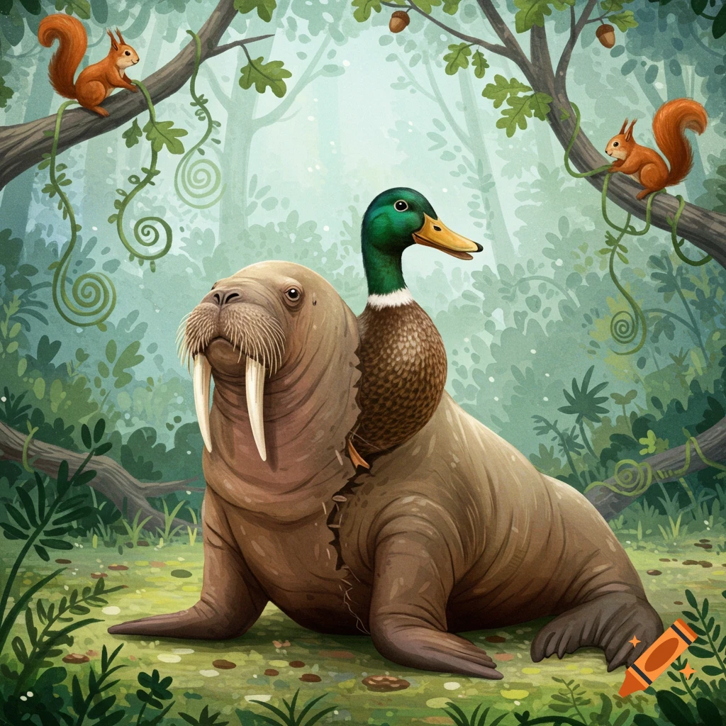 An illustration of a walrus with a duck head and body, in a forest with squirrels on branches.