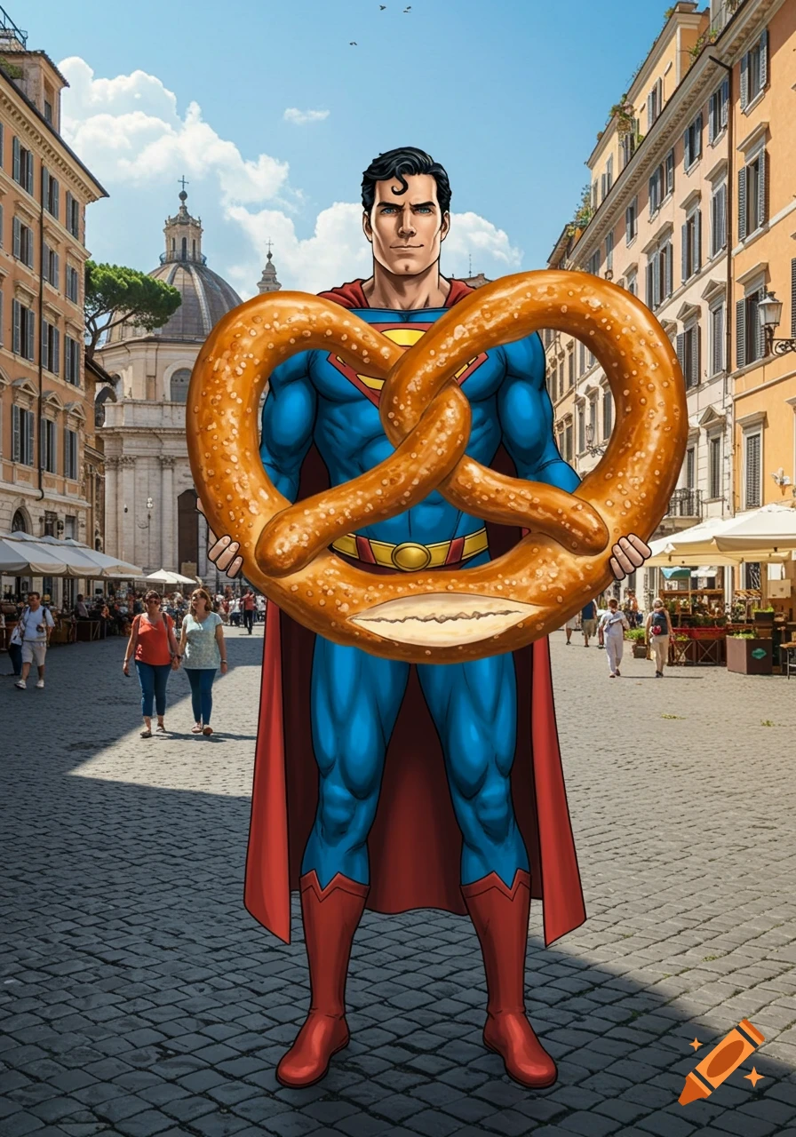 Superman, in comic book style, stands on a cobblestone street in an Italian city, holding a giant pretzel.