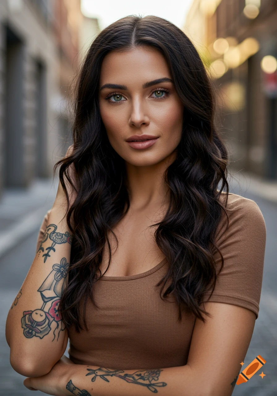 A woman with long dark wavy hair, hazel eyes, and tattooed arms poses in an outdoor urban setting.
