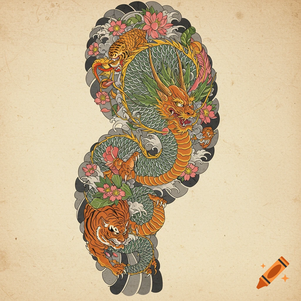 Vibrant Japanese irezumi tattoo of an orange dragon and tiger, with pink lotus flowers and gray waves on a textured beige background.