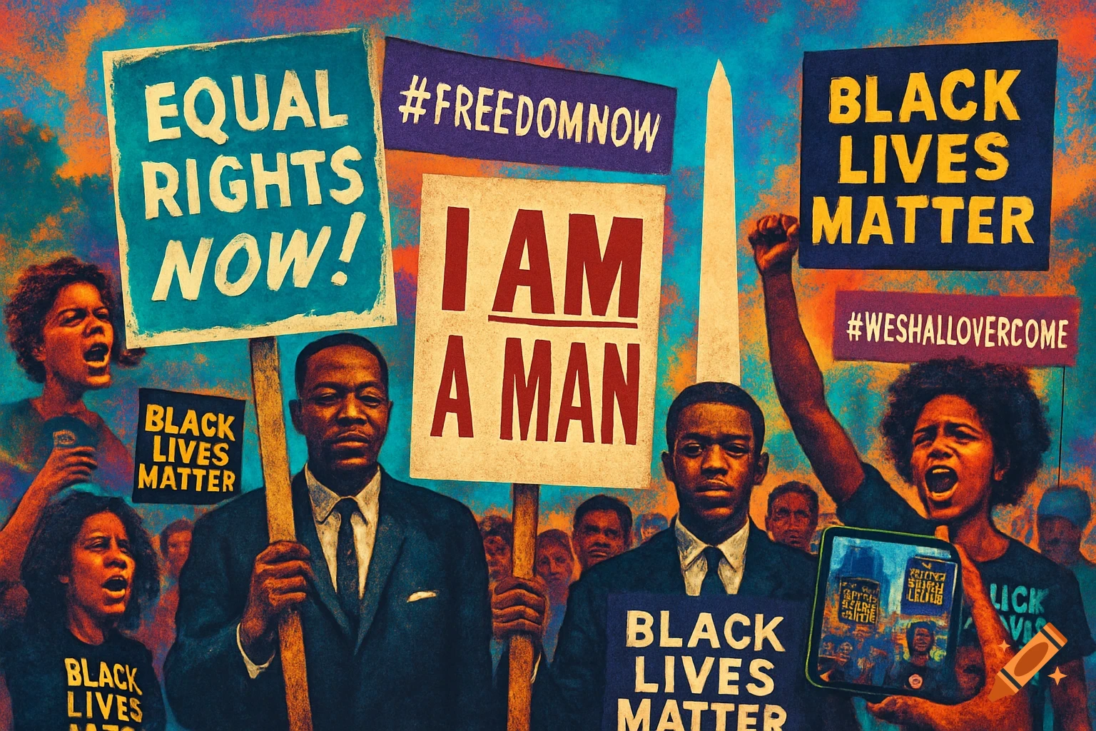 Digital collage of a Civil Rights protest with Black Americans holding signs like 'Equal Rights Now,' 'I Am a Man,' and 'Black Lives Matter.'