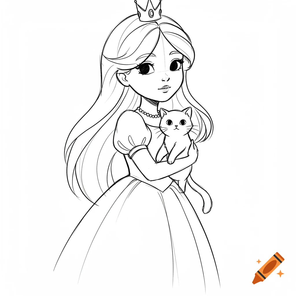 A black and white line art drawing of a princess wearing a crown and holding a small cat.