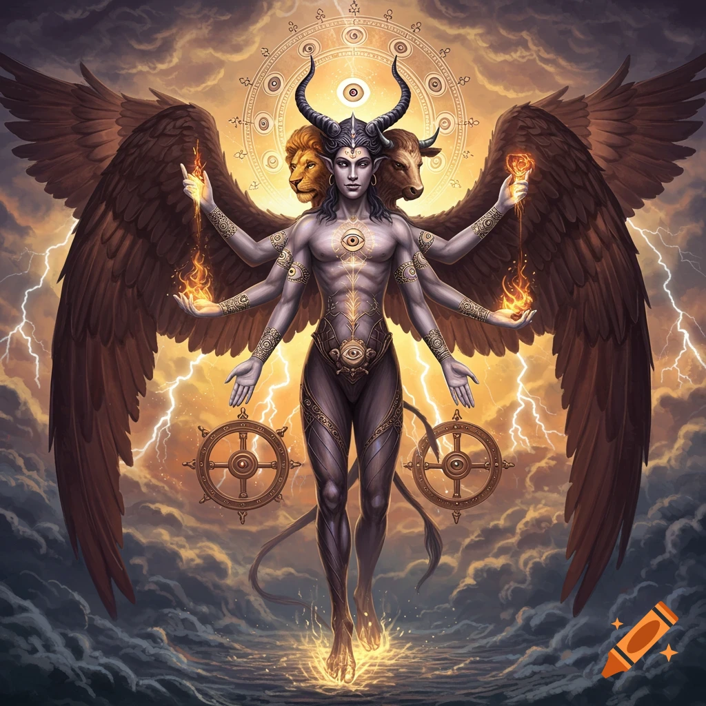A surreal, multi-limbed divine creature with human, lion, and ox heads, large wings, and glowing eyes on its body, standing amidst stormy clouds with lightning and glowing wheels.