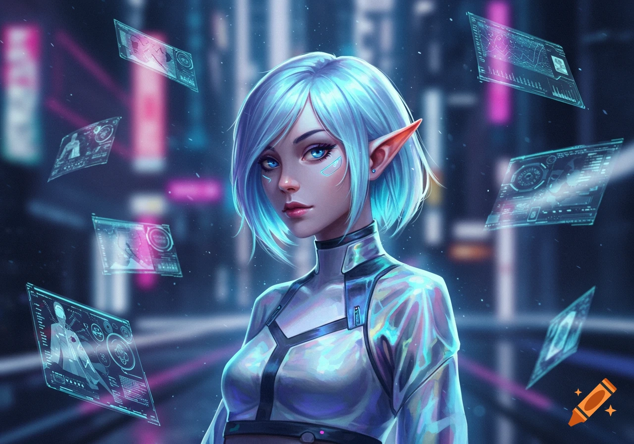 A futuristic elf girl with short blue hair and blue eyes in a white holographic outfit, surrounded by floating data screens in a neon cityscape, digital art.