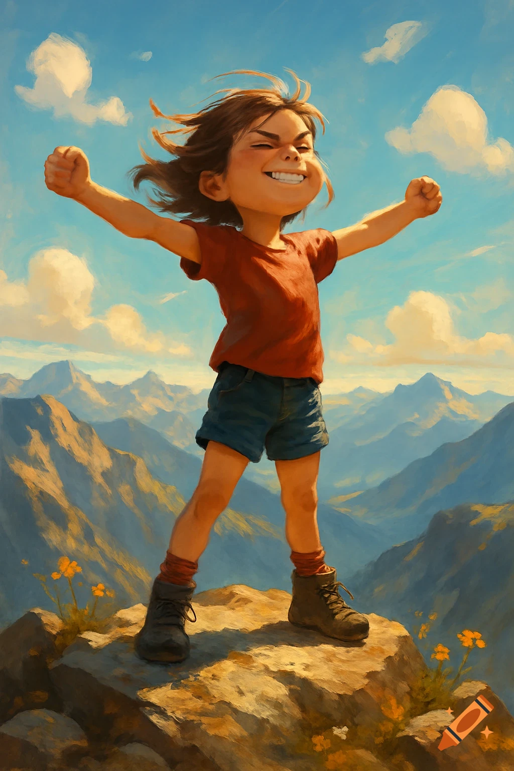 A joyful child stands with arms wide open on a rocky mountain peak, overlooking a vast mountain range under a blue sky, in a vibrant painterly style.