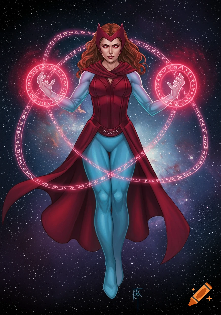A female superhero with reddish-brown hair, red and light blue costume, and a red cape floats in space, casting glowing red magic circles with runes.