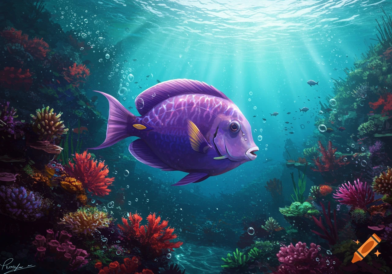 A vibrant purple fish swims through a colorful underwater coral reef, illuminated by rays of light from the surface.