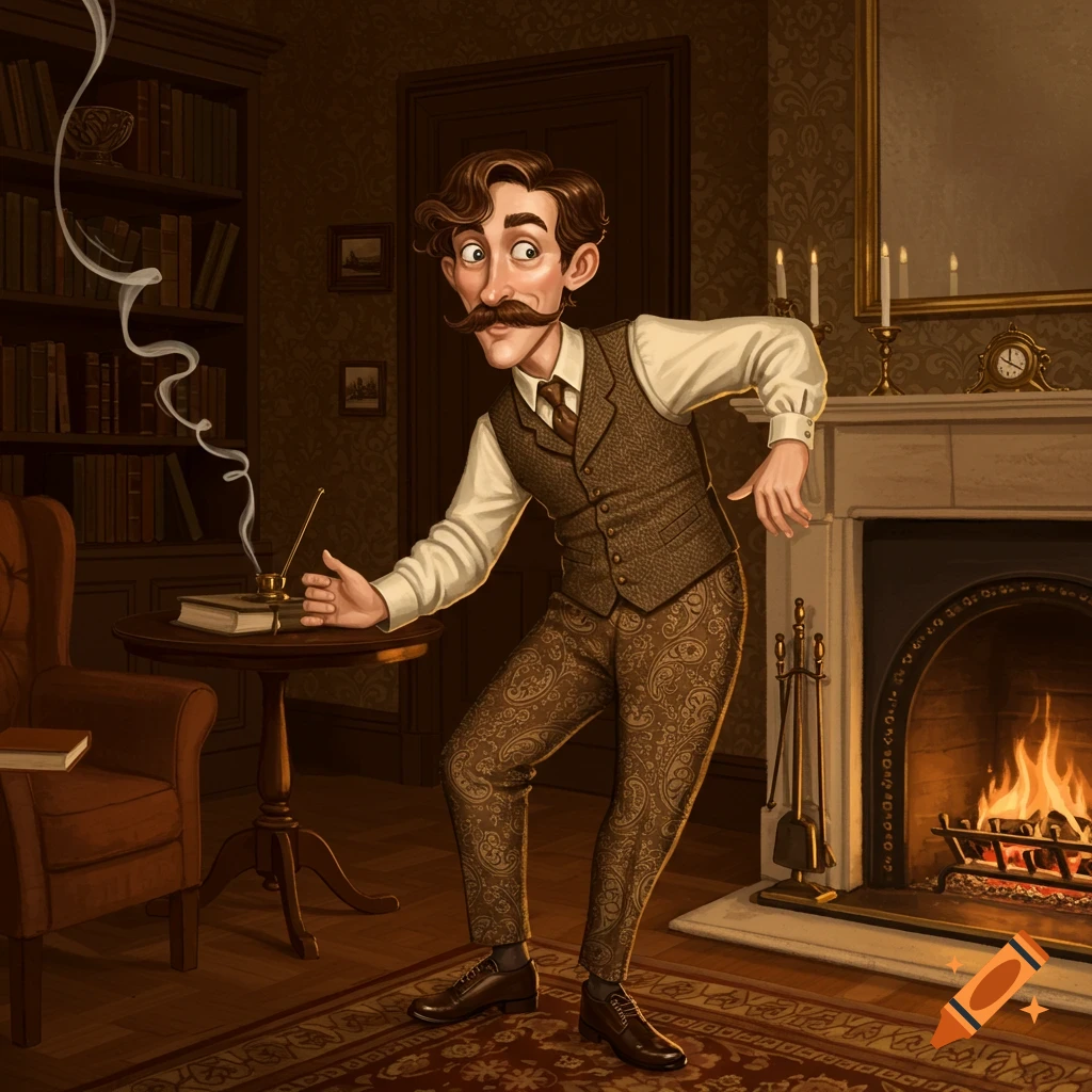 An illustrated silly-looking man with a mustache in a Victorian-era study, leaning forward and gesturing towards a smoking pipe on a table.