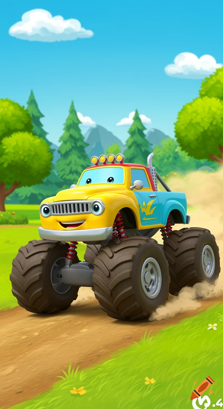 Cartoon yellow and blue monster truck with a smiling face drives on a dirt road, kicking up dust, in a green landscape.