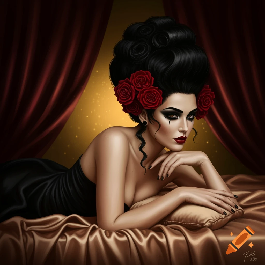 A woman with elaborate black hair, red roses, and dramatic makeup, reclining on a gold satin bed in a black dress. Stylized art.