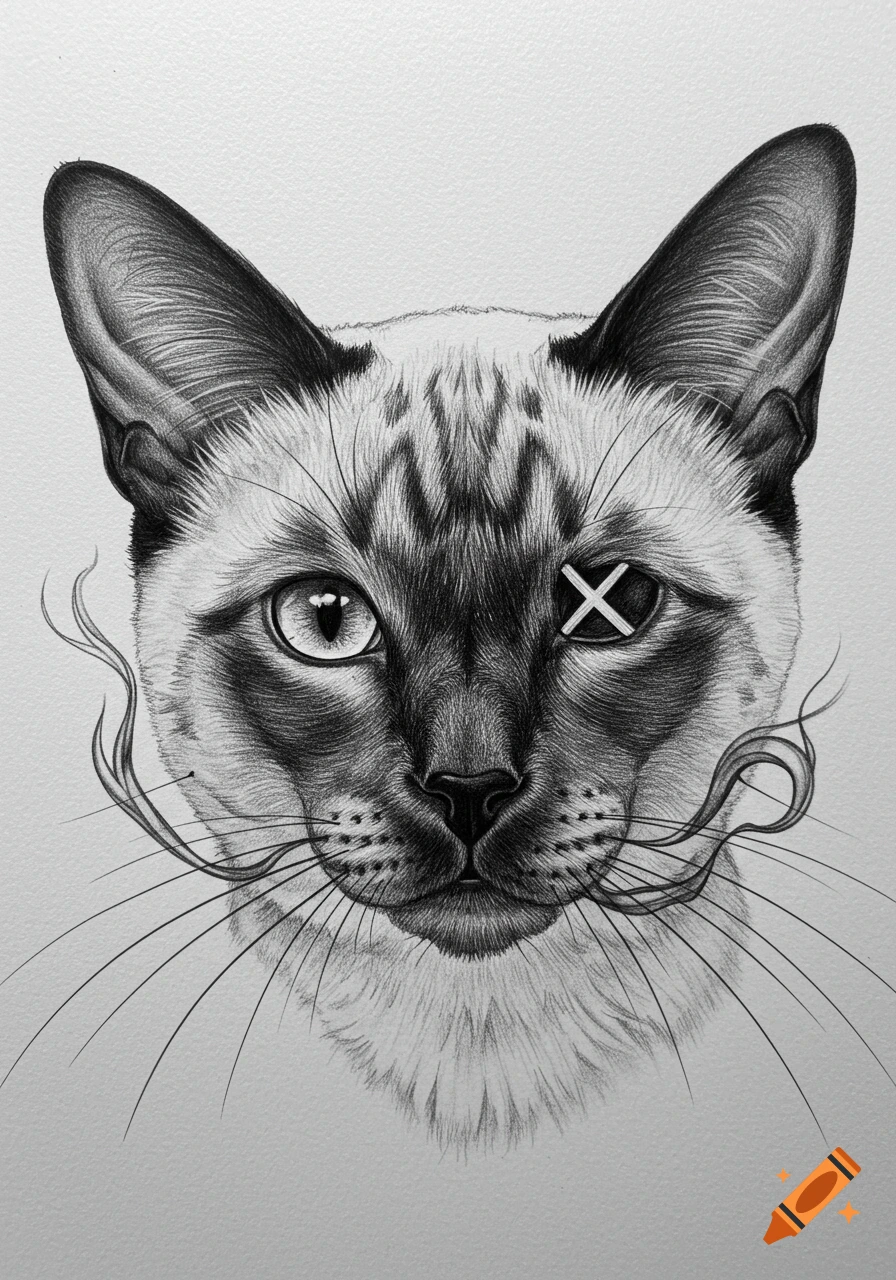 A detailed black and white pencil drawing of a Siamese cat's face with an 'X' over one eye and stylized smoke or whiskers.