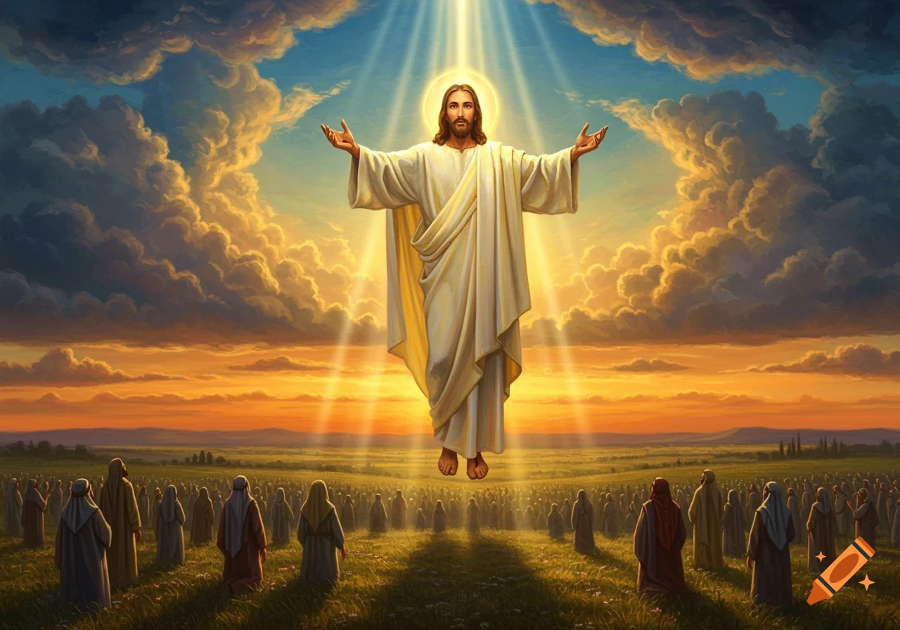Jesus stands levitating over a large crowd of people in a field, bathed in golden light from the sky during sunset.