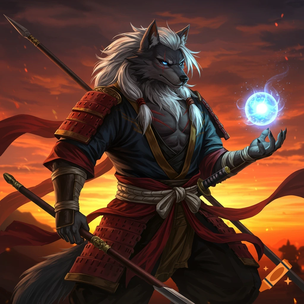 Anime-style anthropomorphic wolf warrior in traditional Japanese attire holding a spear and a glowing orb against a sunset background.