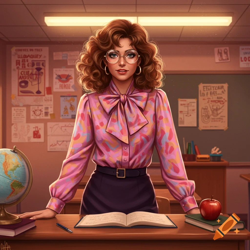 An illustration of a female teacher with curly hair and glasses, wearing a pink patterned blouse and black skirt, standing at a desk in a classroom.