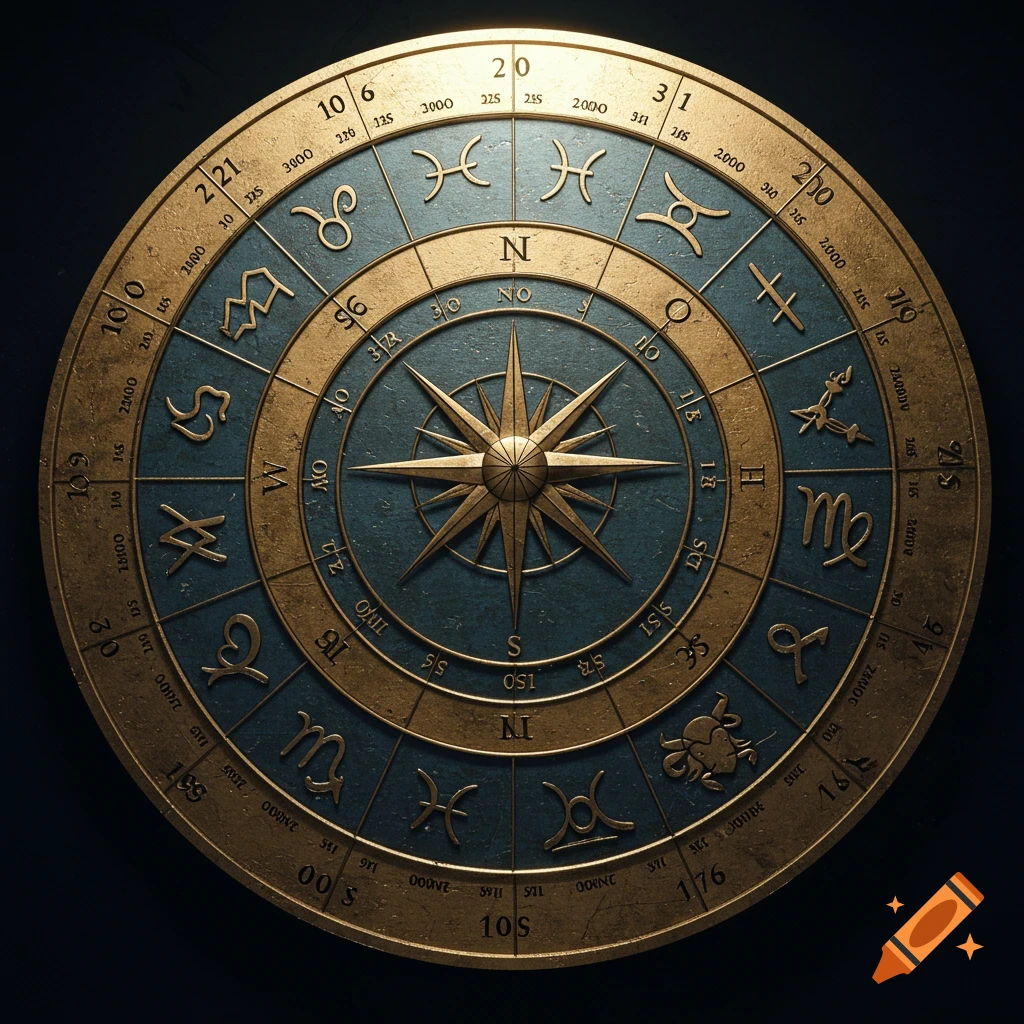 An ornate brass and teal blue zodiac wheel featuring a compass rose at its center, surrounded by astrological symbols and numerical markings.