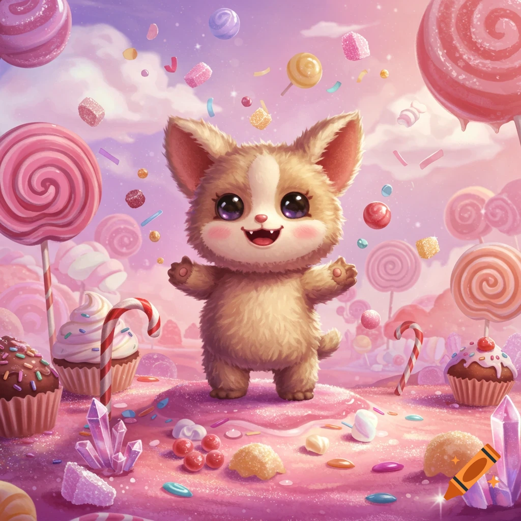 A cute, fluffy cartoon creature with big eyes stands smiling in a vibrant candy land filled with lollipops and sweets.