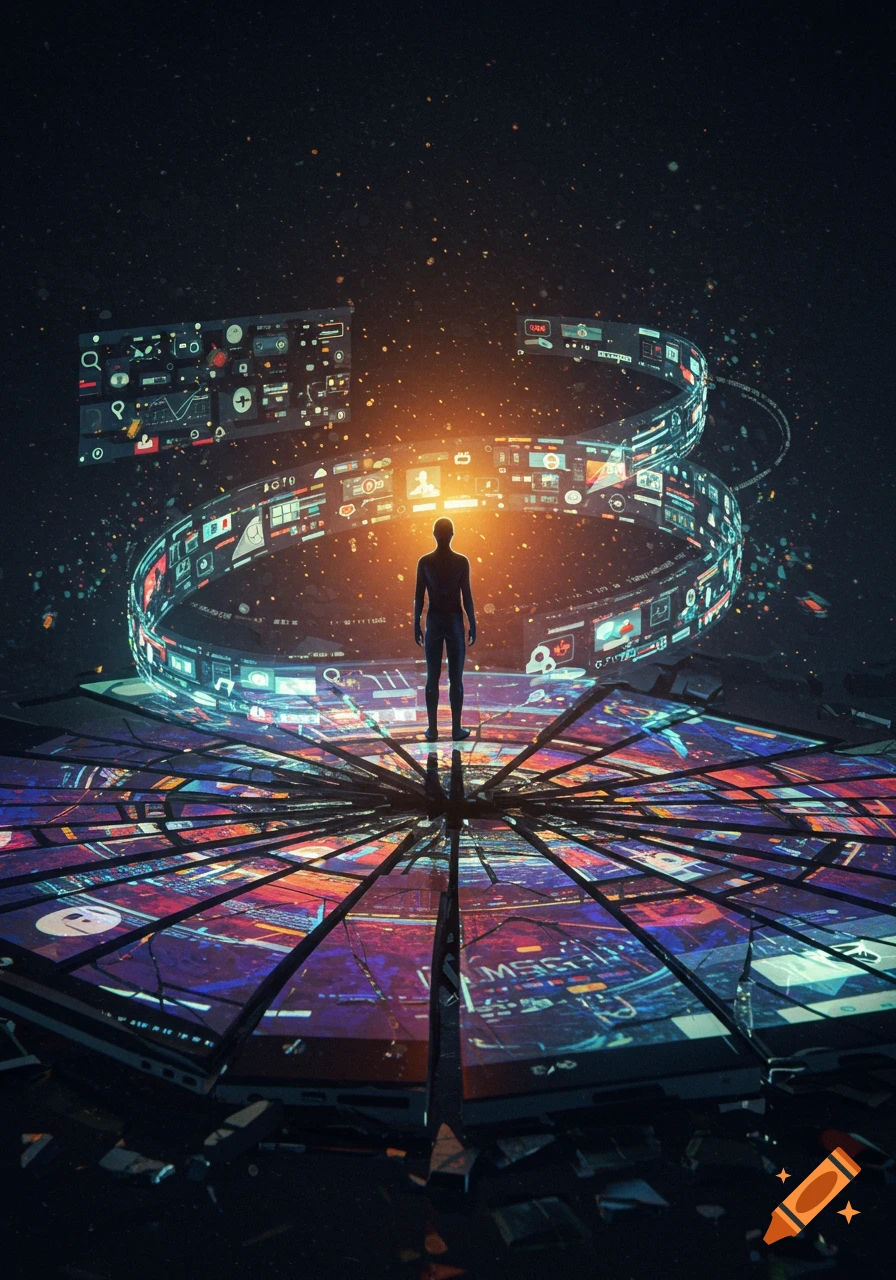 A lone figure stands on a cracked, reflective surface showing digital data, surrounded by a spiraling array of glowing digital screens and interfaces in a dark, starry void.