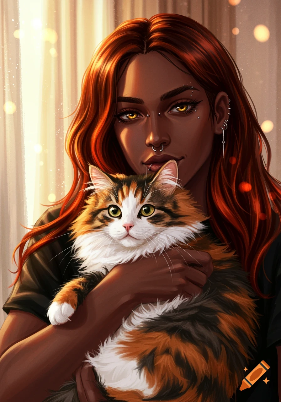 Stylized portrait of a dark-skinned woman with long red hair and yellow eyes, holding a fluffy calico cat.