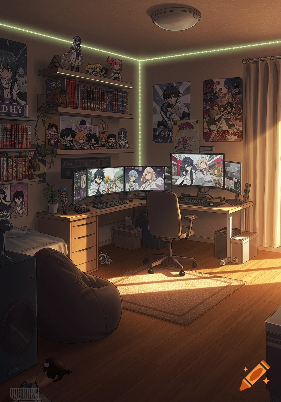 An anime-style room featuring a multi-monitor gaming setup, bookshelves, posters, and soft, warm sunlight streaming in.