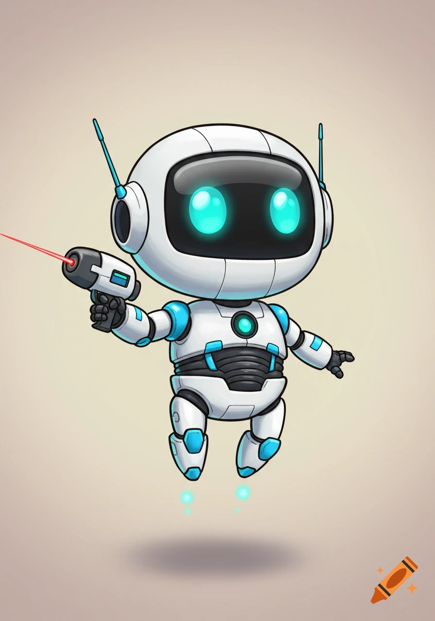 A cute, white and blue chibi robot with glowing eyes floats, holding a scanner gun with a red laser beam.