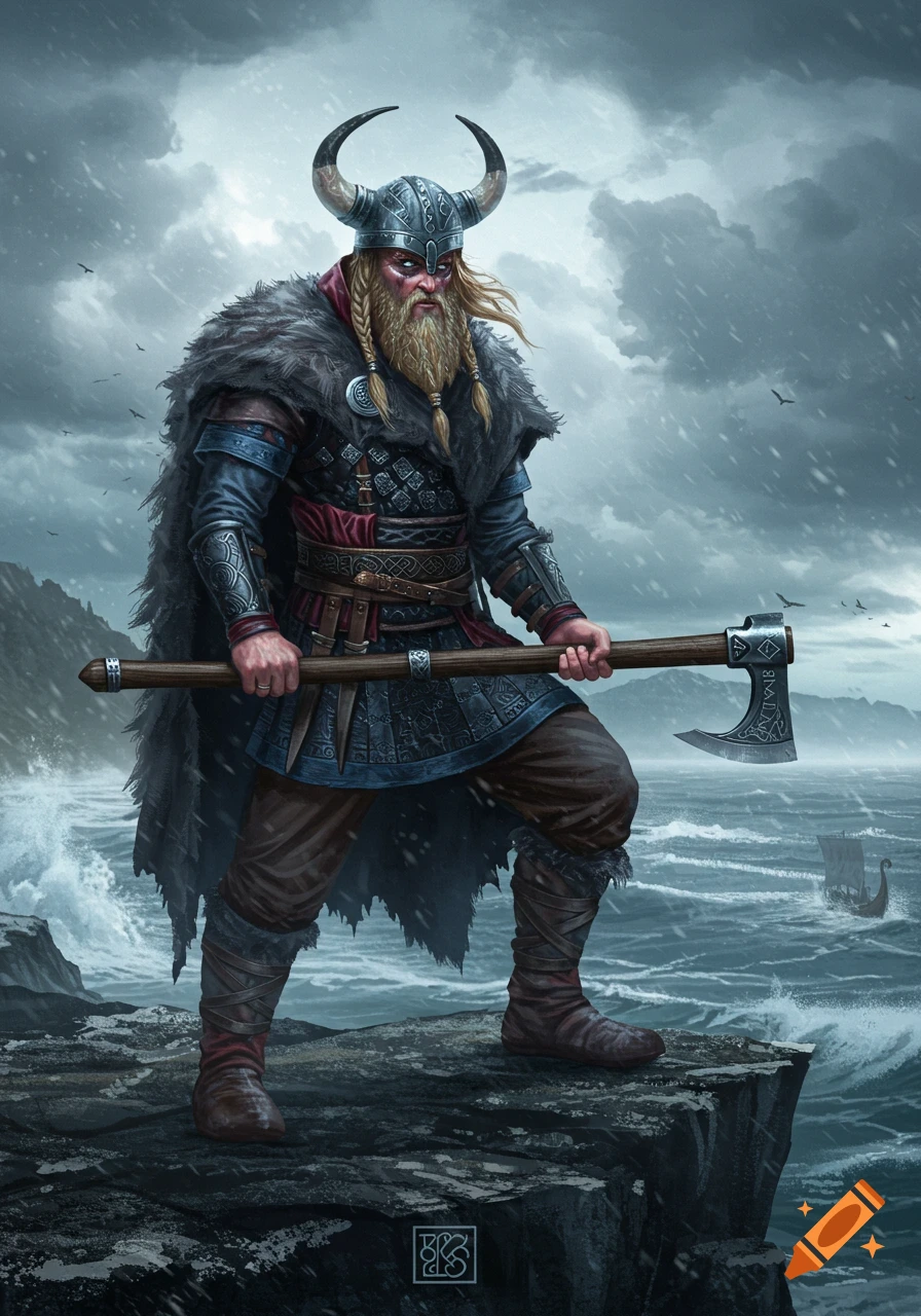A noble Viking warrior with a beard and horned helmet stands on a stormy cliff holding an axe, overlooking a rough sea with a longboat.