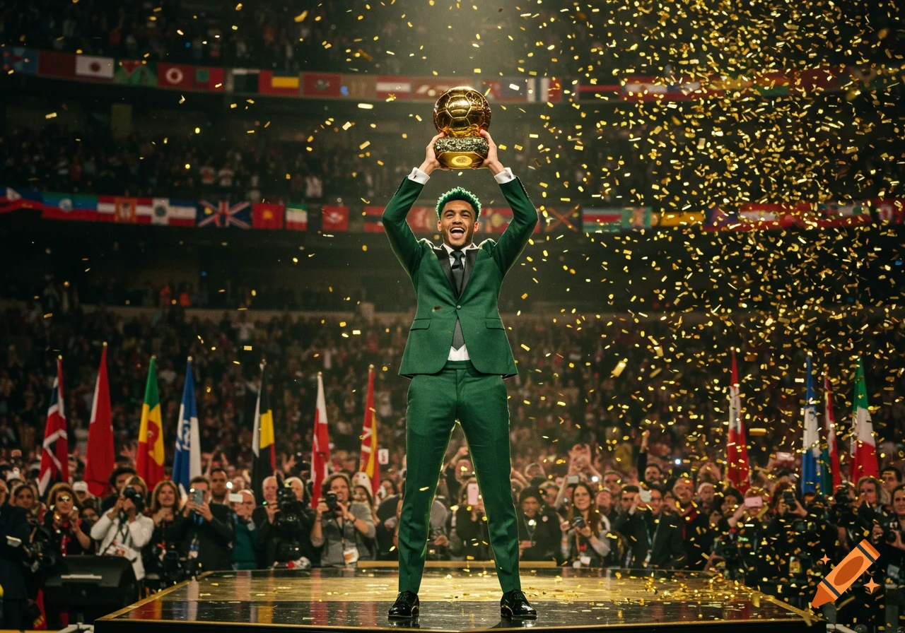 A man with green hair in a suit holds a golden football trophy above his head on a stage, surrounded by falling golden confetti and a cheering crowd in a stadium with international flags.