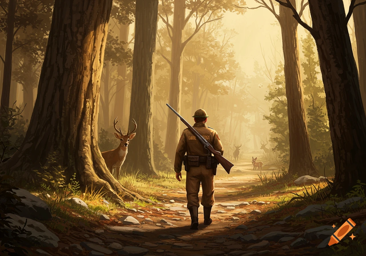 A game warden with a rifle walks down a sunny forest path, passing a deer.
