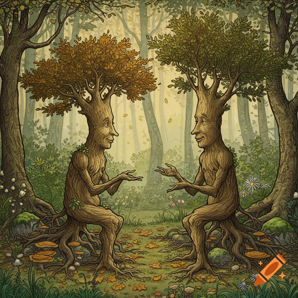 Two anthropomorphic trees with human-like faces and limbs sit and converse in a whimsical, detailed forest setting, in the style of Arthur Rackham.