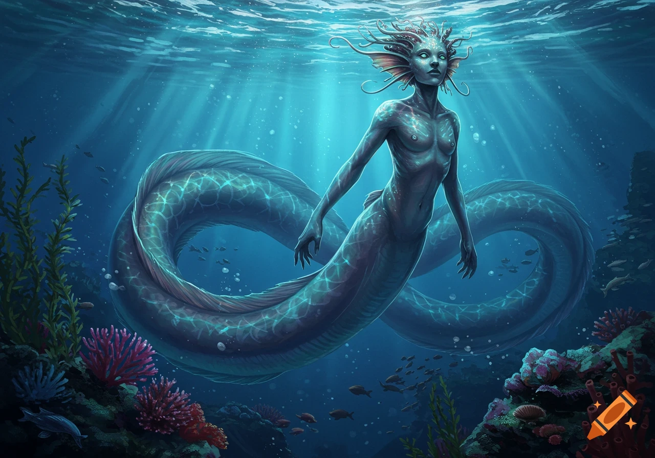 Mystical eel humanoid swims underwater, surrounded by coral and fish, with light rays piercing the surface.