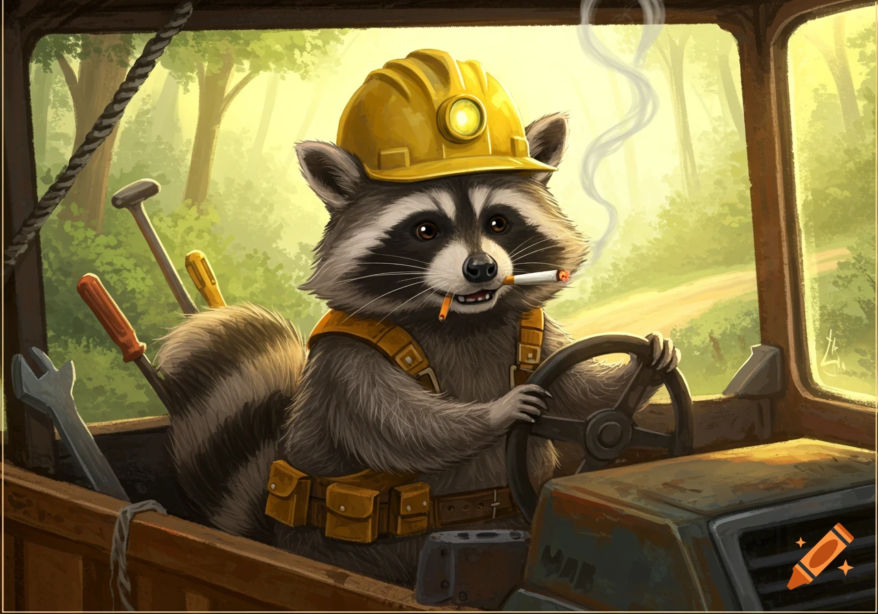 A cartoon raccoon wearing a yellow hard hat and a work vest drives a truck, smoking a cigarette.