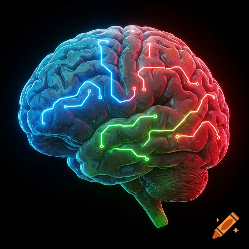 A highly detailed, multicolored brain with glowing blue, red, and green circuit patterns on a dark background.