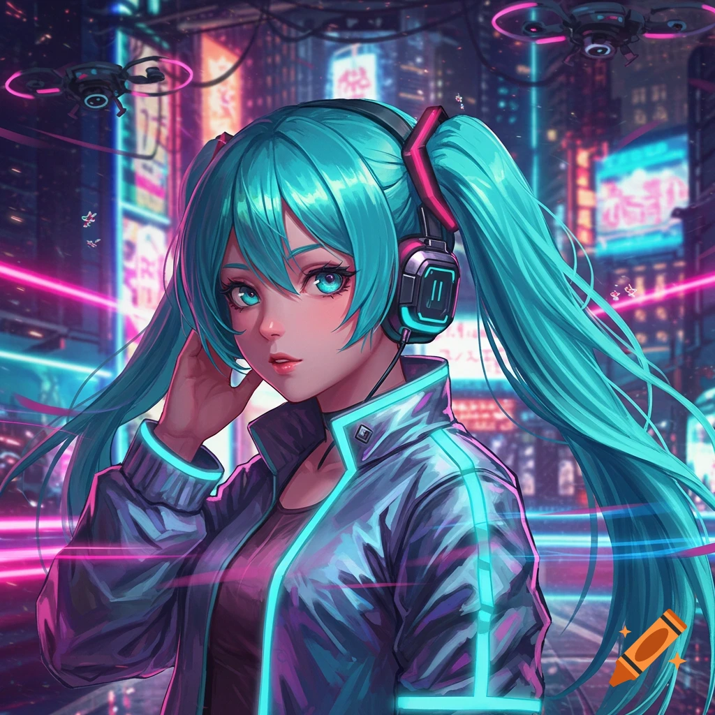 An anime girl with long teal hair and headphones stands in a neon-lit cyberpunk city at night.