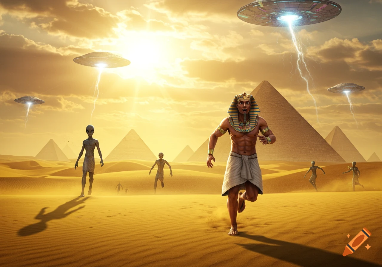 An Egyptian man in pharaoh headdress runs through a desert with pyramids as aliens and UFOs with lightning beams descend from the sky.