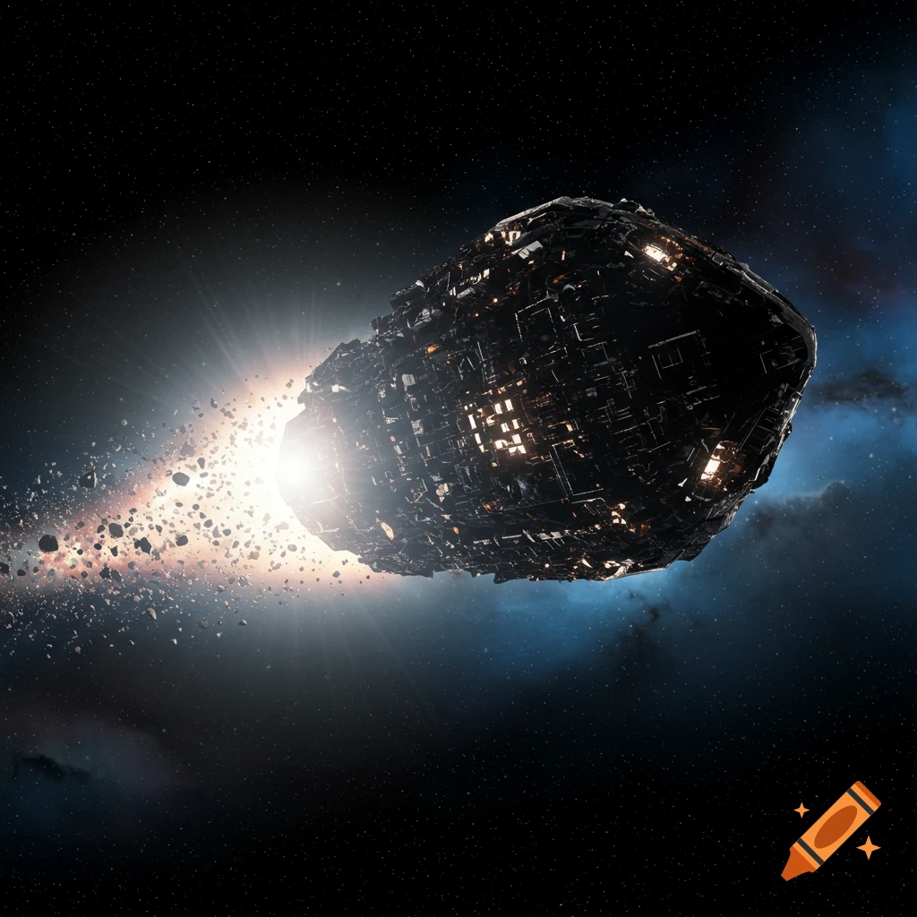 A photorealistic image of a large, dark, metallic alien spaceship-like object with glowing lights soaring through space, leaving a bright trail of debris.