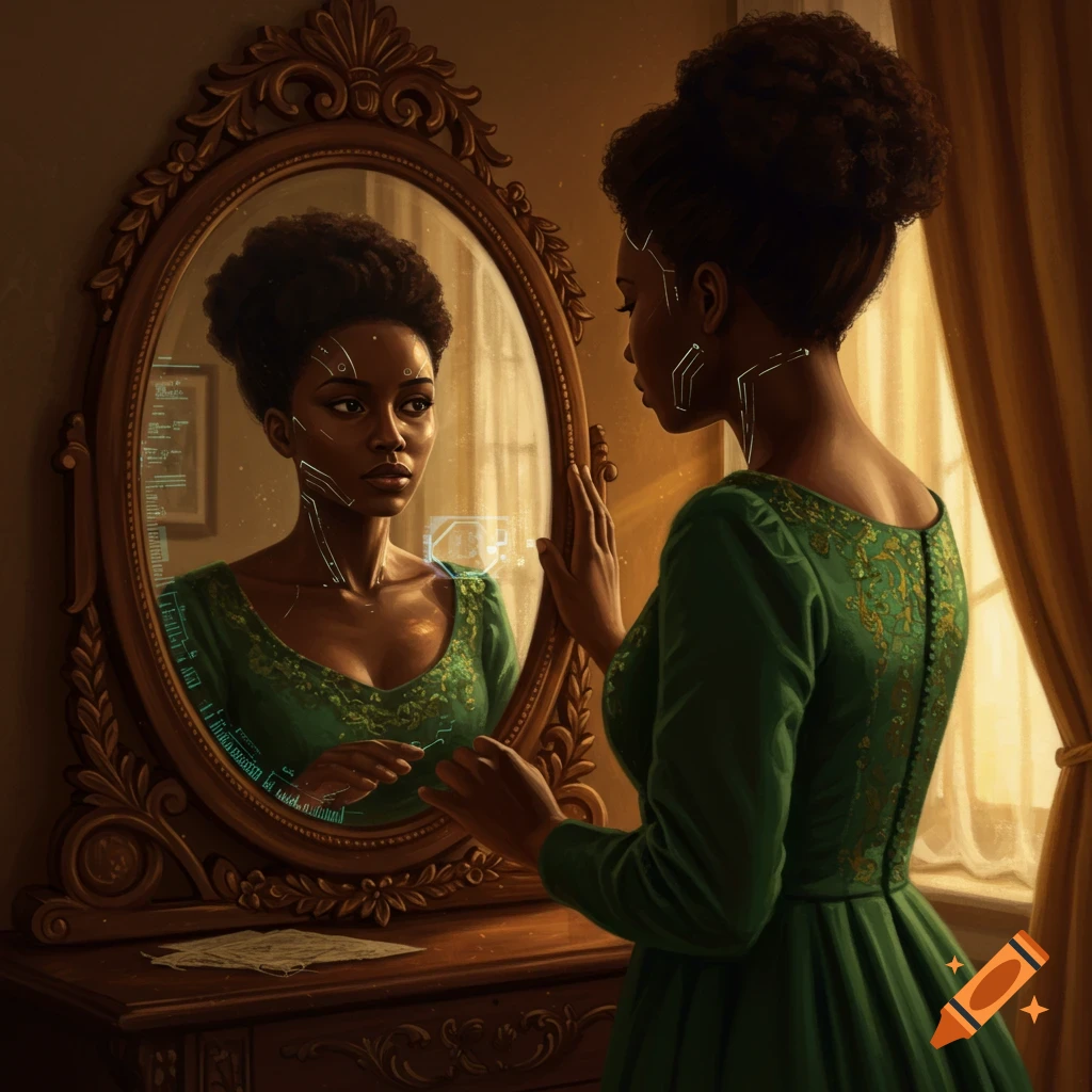 An African American woman in a green dress looks into an ornate mirror, her reflection showing futuristic data overlays on her face and around her.