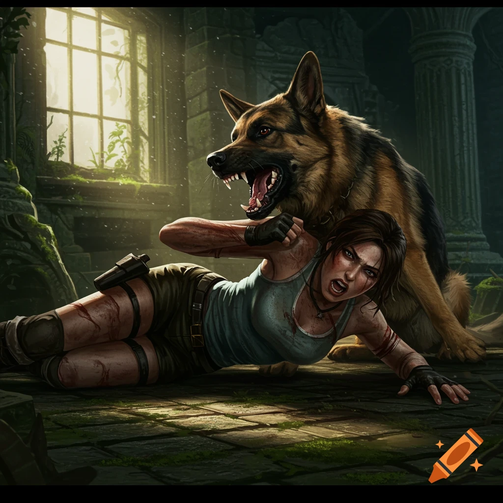 Lara Croft struggles on the ground as an aggressive German Shepherd snarls over her in a dark, overgrown ruin, digital art.