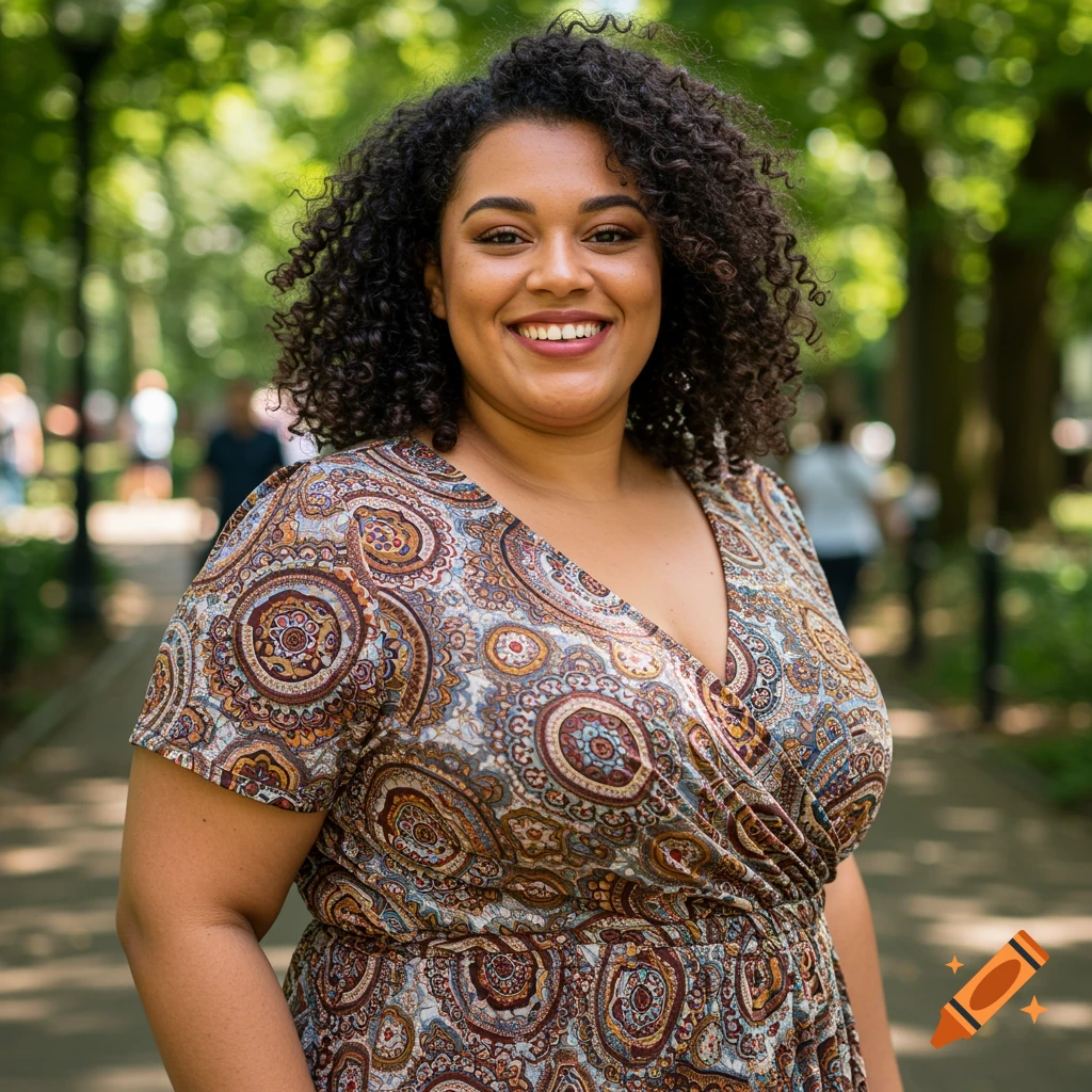 A smiling woman with curly hair wearing a patterned dress stands in a sunny park.