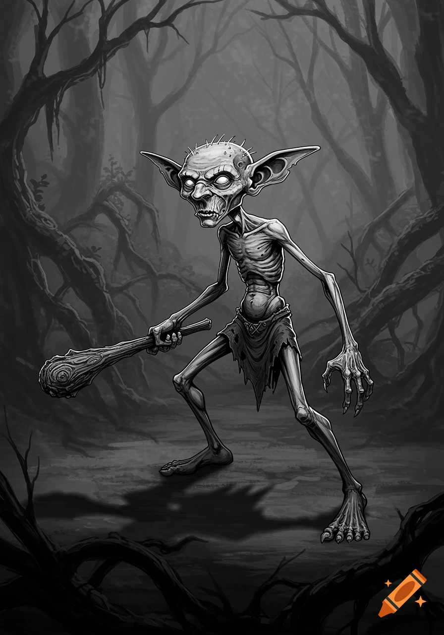 A skinny, grotesque black and white goblin with glowing eyes and small ears holds a club in a dark, misty forest illustration.