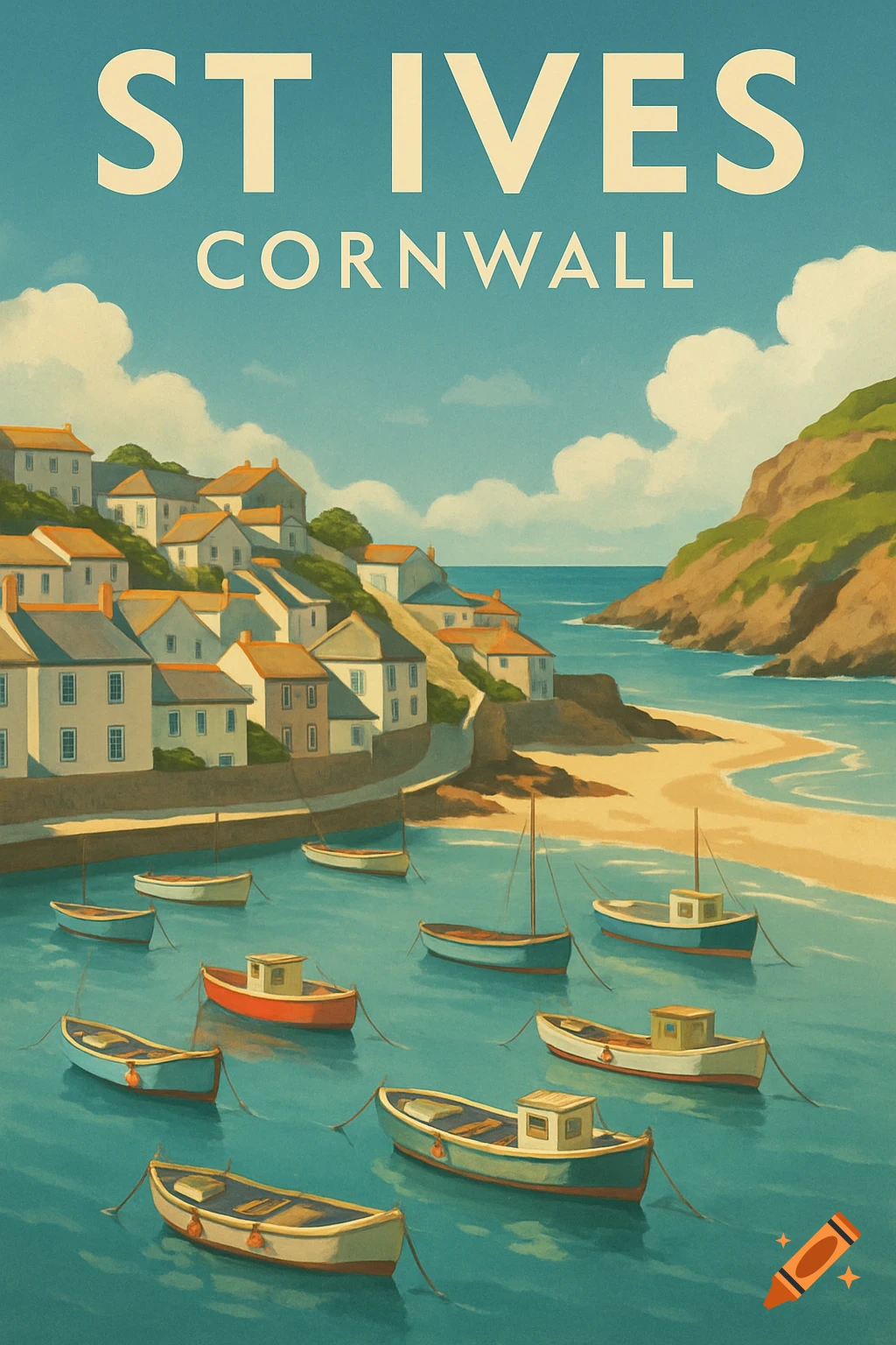 Vintage travel poster of St Ives, Cornwall, showing a harbor with fishing boats and whitewashed cottages on hillsides, under a clear sky.